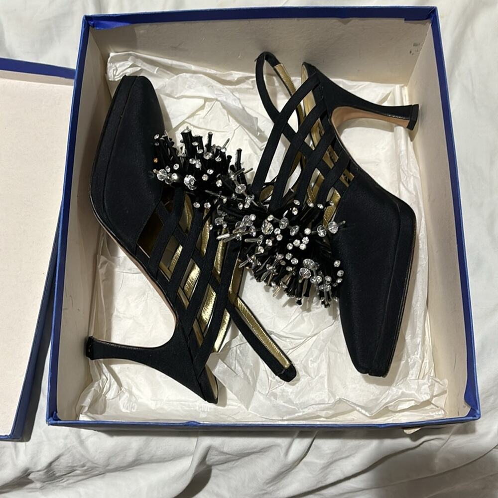 Claudio Merazzi 38.5 black platform rhinestone starburst shoe vintage euc box